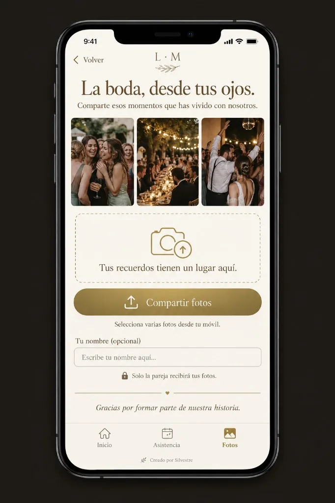 Demo visual de la sección Compartir fotos: los invitados envían imágenes a la pareja (ejemplo, no es una subida real)