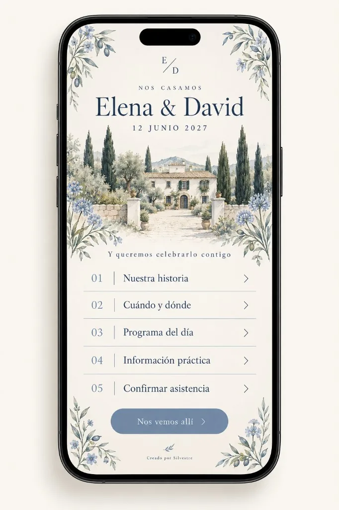Demo visual de invitación delicada e ilustrada: paleta suave y menú numerado (ejemplo ficticio)