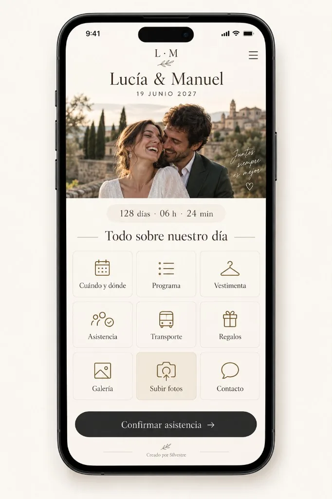 Ejemplo de menú de secciones en una invitación: cuadrícula con cuándo y dónde, programa, vestimenta, asistencia, transporte, regalos, galería, subir fotos y contacto